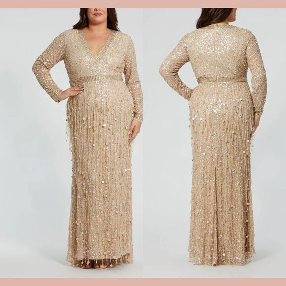NWT MAC DUGGAL [‎ 16W ] 94074 Embellished Fringe Long Sleeve Gown Nude Gold - Picture 1 of 16